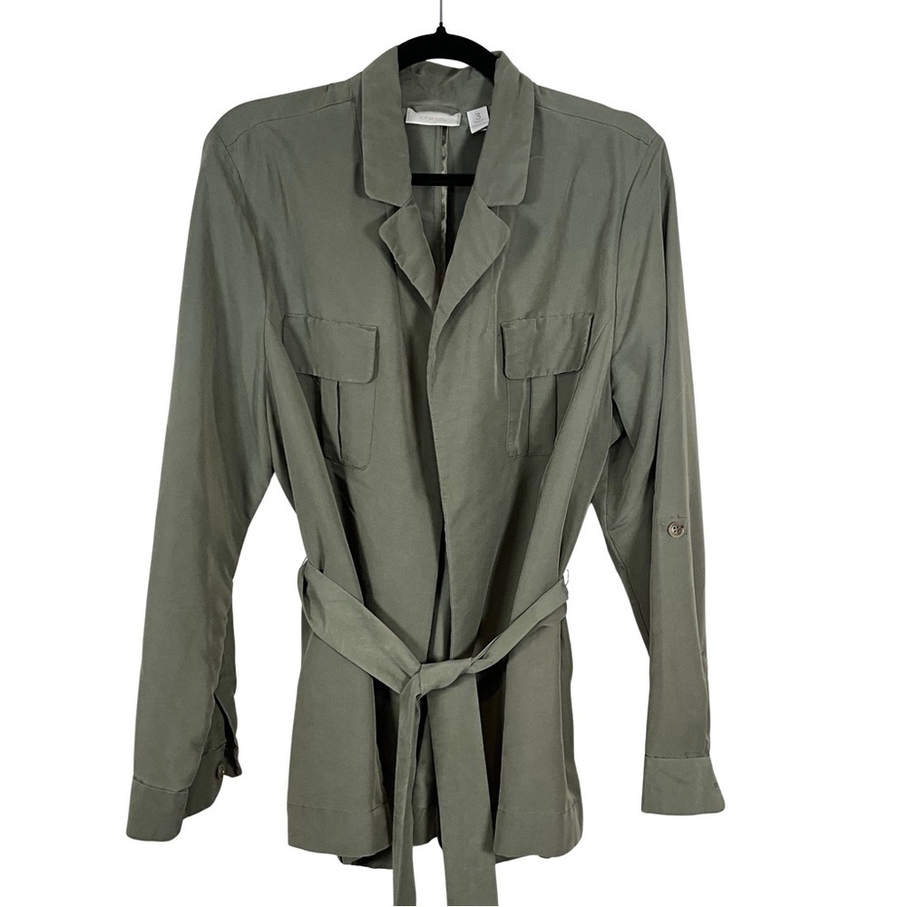 Chico's Cardigan Size XL Forest Green Open Front Button Tab Sleeves Silky